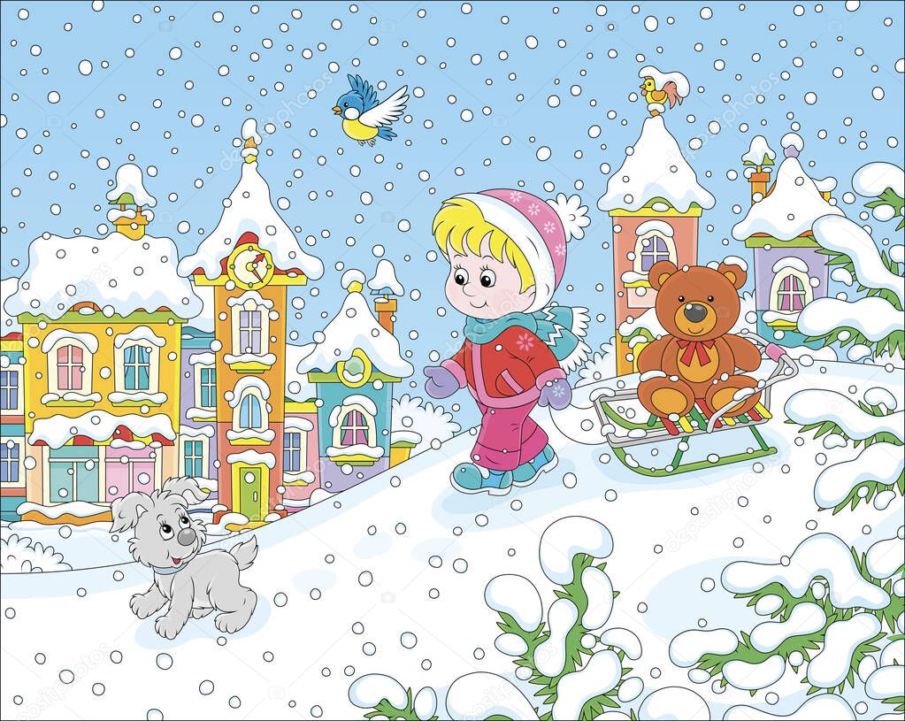 Little girl walking with her small cheerful pup and a sledge with a funny toy bear on a snow-covered playground in a winter park of a small town, vector illustration in a cartoon style