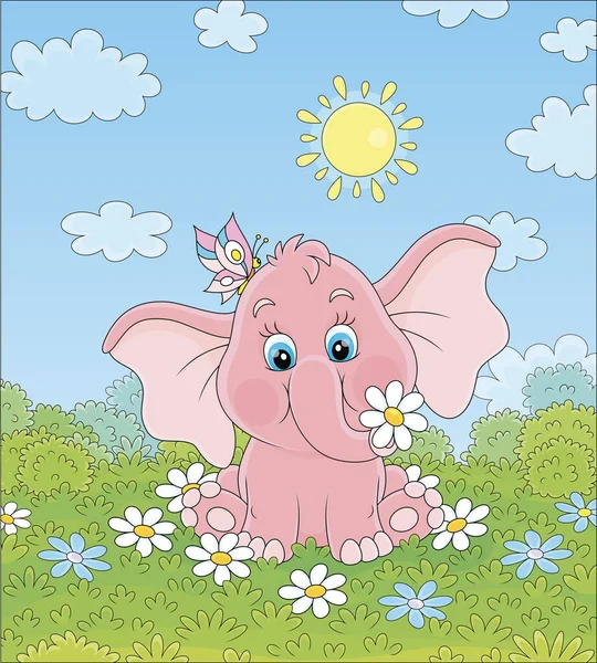 夏の晴れた日に緑の芝生の上で白い花の間で面白い蝶と小さなピンクの象の遊び 漫画のスタイルでベクトルイラスト — ストックベクタ