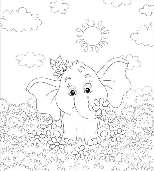 晴れた夏の日に花の間で草の上に面白い蝶で遊んで小さな象 着色本のための漫画のスタイルで黒と白のベクトルイラスト — ストックベクタ