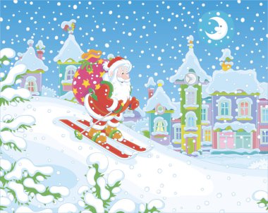 Noel 'den bir gece önce, Noel Baba, büyük hediye çantasıyla karla kaplı küçük bir kasabaya kayak yapıyor. Çizgi film tarzında vektör çizimi.