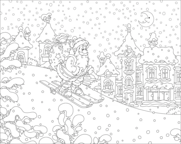 圣诞前夕 圣诞老人带着他的大包礼物滑向雪山 来到一个白雪覆盖的小镇 用卡通画的方式描绘黑白矢量 — 图库矢量图片