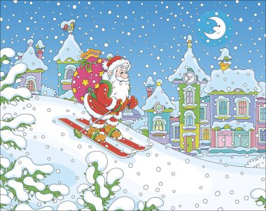 Noel 'den bir gece önce, Noel Baba, büyük hediye çantasıyla karla kaplı küçük bir kasabaya kayak yapıyor. Çizgi film tarzında vektör çizimi.