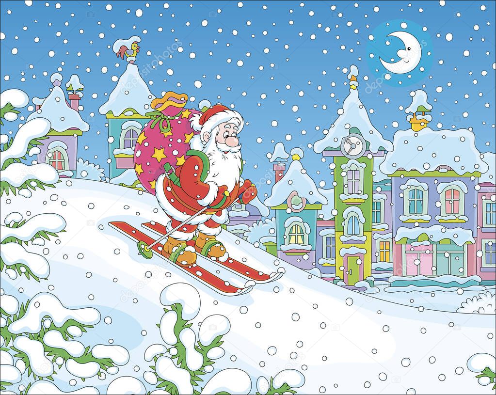 The night before Christmas, Santa Claus with his big bag of gifts skiing down a snow hill to a small snow-covered town, vector illustration in a cartoon style