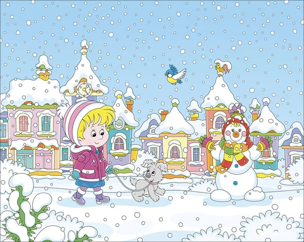 雪に覆われた雪の冬の日に小さなカラフルな町の公園を通って彼女の陽気なポップアップで散歩する女の子 漫画のスタイルでベクトルイラスト — ストックベクタ