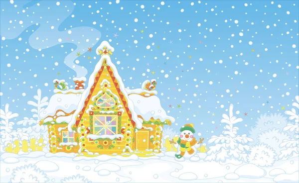 Christmas Background Colorfully Decorated Log House Fairytale Covered Snow Friendly — ストックベクタ