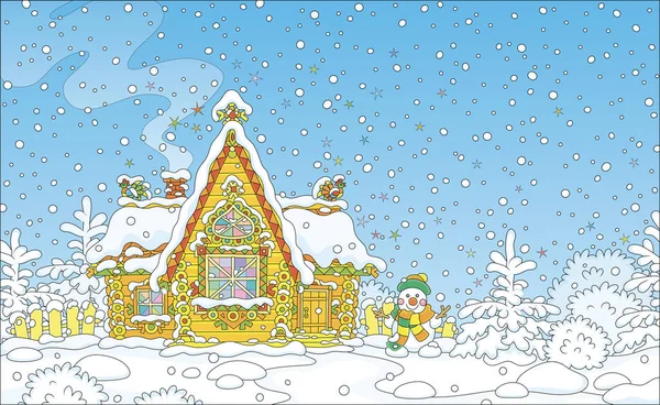 圣诞节的背景是一座装饰得五彩斑斓的圆木房子 旁边是一个被雪覆盖的童话 旁边是一个友善的微笑雪人 是卡通风格的矢量图解 — 图库矢量图片
