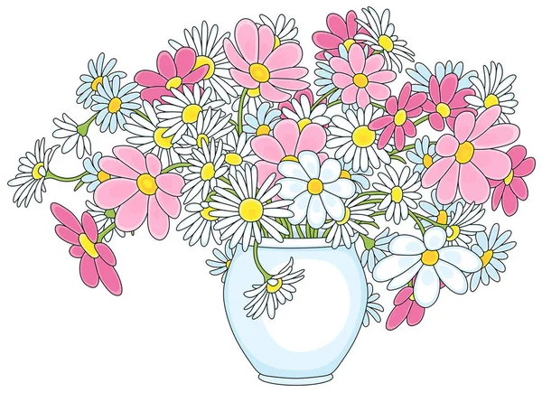 Bunter Sommerstrauß Schöner Gartenblumen Einer Weißen Vase Vektor Cartoon Illustration — Stockvektor