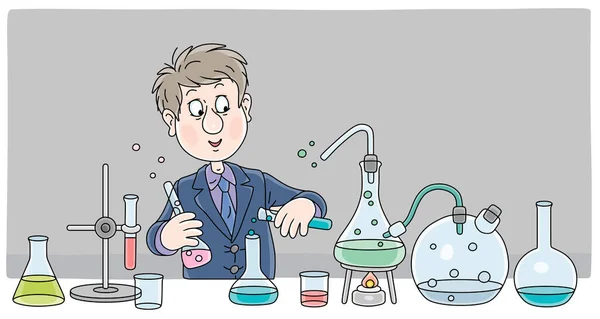 Schoolboy Uniform Chemical Glass Flasks Reagents Equipment Experiment Chemistry Lesson — Stock Vector