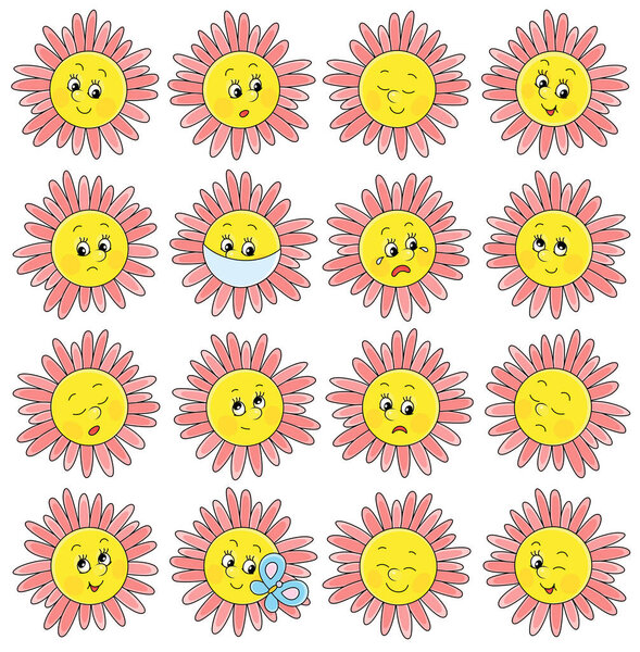 Set of funny yellow and pink flower emoticons with smiling, sad and many other faces of toy characters with different emotions, vector cartoon illustrations on a white background