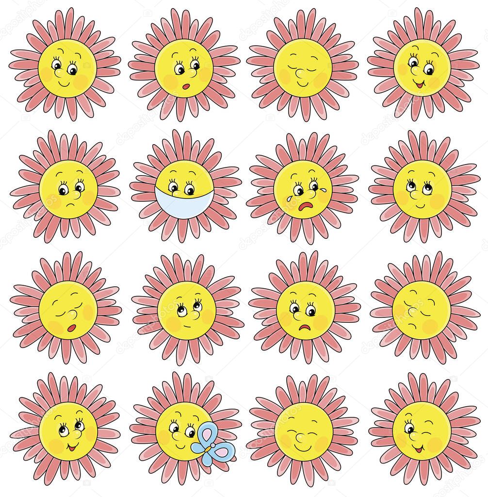 Set of funny yellow and pink flower emoticons with smiling, sad and many other faces of toy characters with different emotions, vector cartoon illustrations on a white background