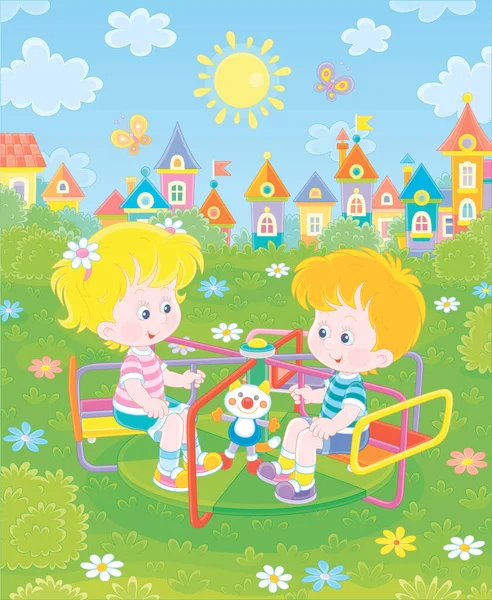 Niños Pequeños Alegres Jugando Balanceándose Colorido Columpio Juguete Parque Infantil — Vector de stock