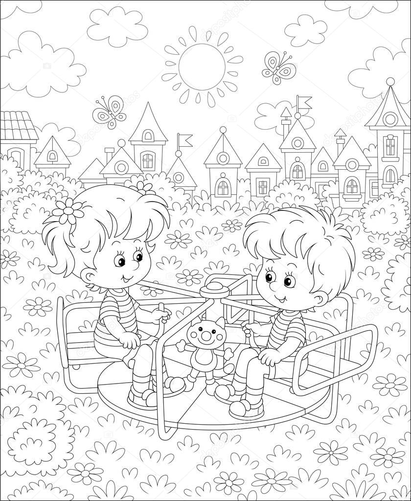 Cheerful small children playing and swinging on a toy swing on a summer playground in a park of a pretty town on a warm sunny day, black and white outline vector cartoon illustration for a coloring book
