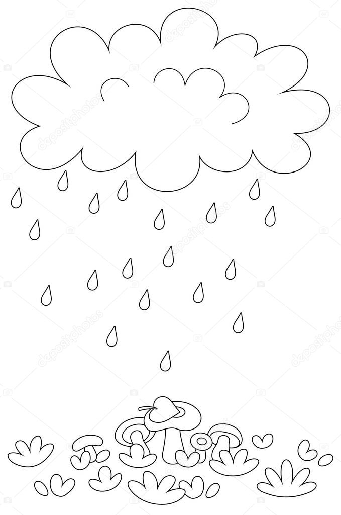 Funny plump rain cloud with dripping raindrops pouring mushrooms on a forest glade on a rainy summer day, black and white vector cartoon illustration for a coloring book page