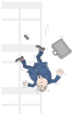 İş başarısızlığı, evrak çantası ofis binasının camından düşen iflas etmiş bir işadamı, beyaz arka planda izole edilmiş vektör karikatür çizimi.