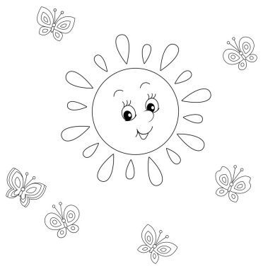 Friendly smiling sun playing with cheerful butterflies flittering around on a pretty summer day, black and white vector cartoon illustration for a coloring book page clipart