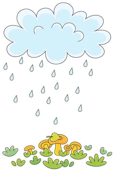 雨の日に緑の森のグレードにキノコを注ぐ滴下雨滴と面白いふっくらした雨の雲 ベクトル漫画イラスト白の背景 — ストックベクタ