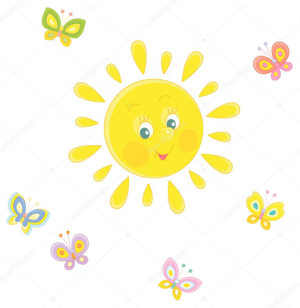 Friendly smiling sun playing with cheerful colorful butterflies flittering around on a pretty summer day, vector cartoon illustration on a white background