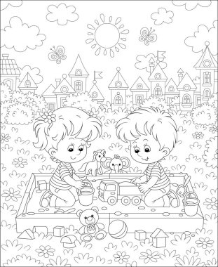 Happy small children friendly smiling, romping and playing with their funny toys in a sandbox on a playground in a summer park of a pretty town on a sunny day, black and white vector cartoon clipart