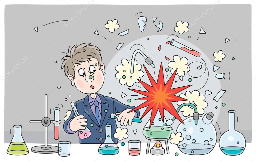 Schoolboy with a big scientific idea made an explosion during a dangerous experiment with chemical reagents and equipment at a chemistry lesson in a school class, vector cartoon illustration