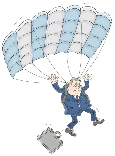 Homme Affaires Avec Mallette Volant Parachute Après Échec Commercial Illustration — Image vectorielle