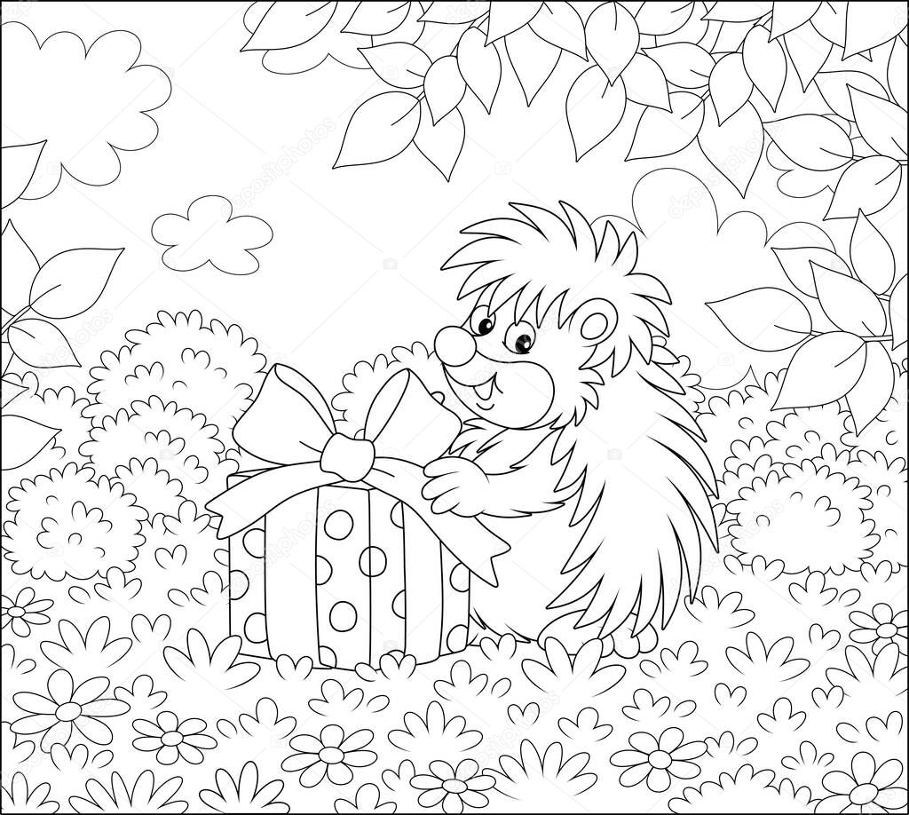 Joyful and friendly smiling little hedgehog holding a beautiful box with a holiday gift on a pretty forest glade on a warm summer day, black and white outline vector cartoon illustration