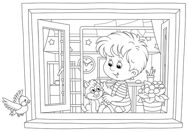 Neşeli Küçük Bir Çocuk Kreş Odasındaki Pencere Eşiğinde Küçük Sevimli — Stok Vektör