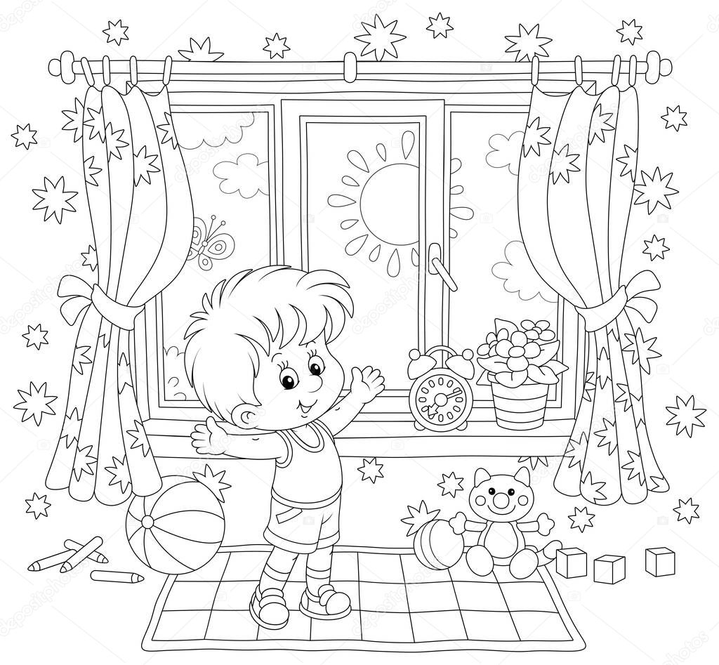 Little boy doing gymnastic exercises on a carpet in his nursery room with toys on a sunny morning, black and white outline vector cartoon illustration for a coloring book page