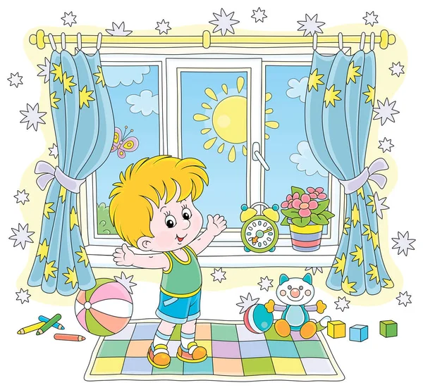 Little Boy Doing Gymnastic Exercises Color Carpet His Nursery Room — Stock Vector