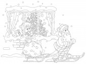 In der Nacht vor Weihnachten schaut ein kleiner Junge aus einem Fenster auf den Weihnachtsmann beim Skifahren mit einem Schlitten und seiner großen Tüte voller Weihnachtsgeschenke, schwarz-weiße Vektor-Cartoon-Illustration