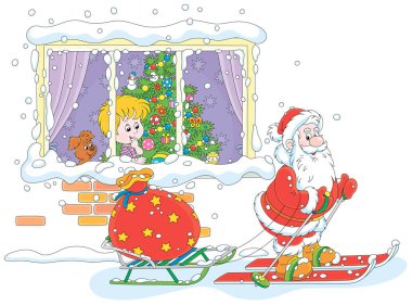 Noel 'den bir gece önce, küçük bir çocuk Noel Baba' nın penceresinden elinde bir kızakla kayak yapıyor ve büyük bir çanta dolusu Noel hediyesiyle vektör karikatürü çiziyor.