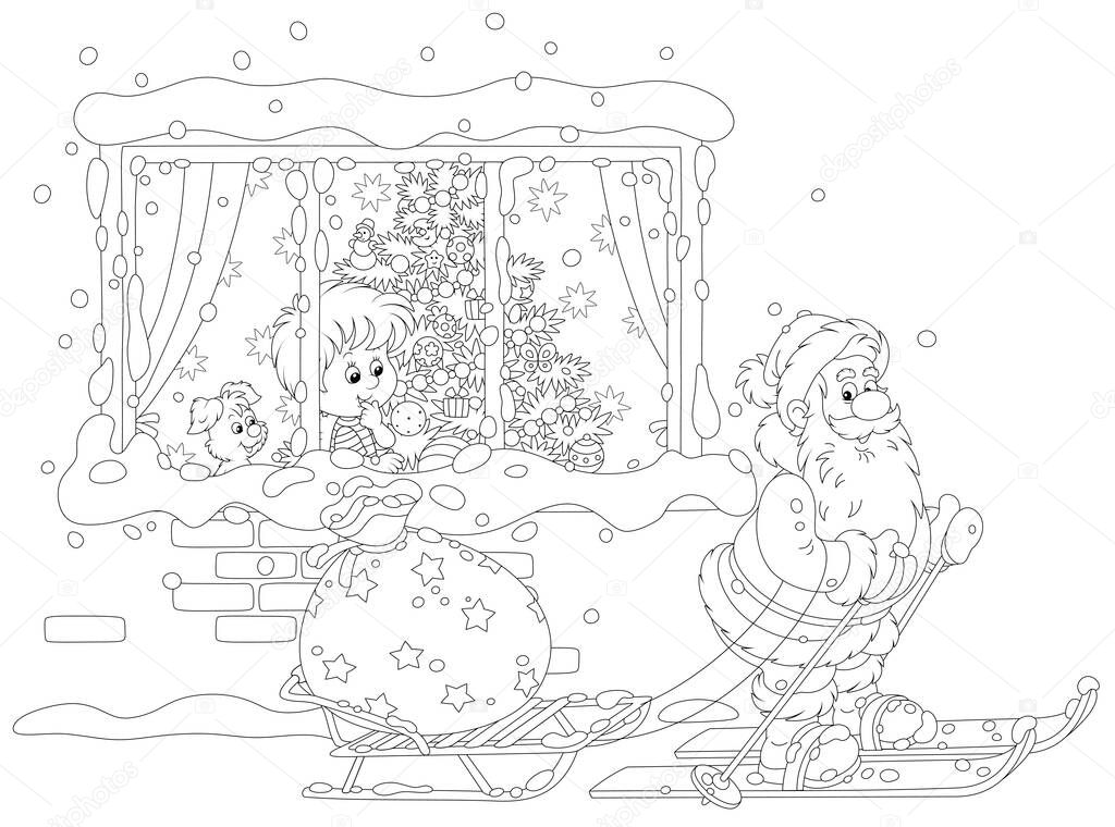 The night before Christmas, a little boy looking through a window at Santa Claus skiing with a sledge and his big bag of holiday gifts, black and white outline vector cartoon illustration