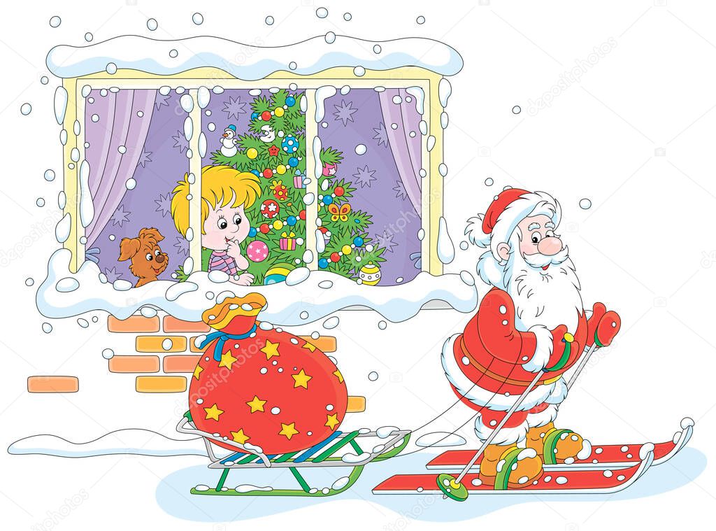 The night before Christmas, a little boy looking through a window at Santa Claus skiing with a sledge and his big bag of holiday gifts, vector cartoon illustration