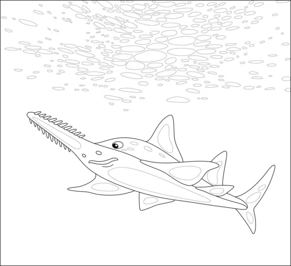 熱帯の海 黒と白の輪郭線の深さの大きな不吉な海の大きな魚の泳いで着色本のページのためのベクトル漫画のイラスト — ストックベクタ