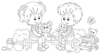 Cheerful small children sitting on a bench, talking and playing with their funny toys on a summer playground in a park, black and white outline vector cartoon illustration for a coloring book page clipart