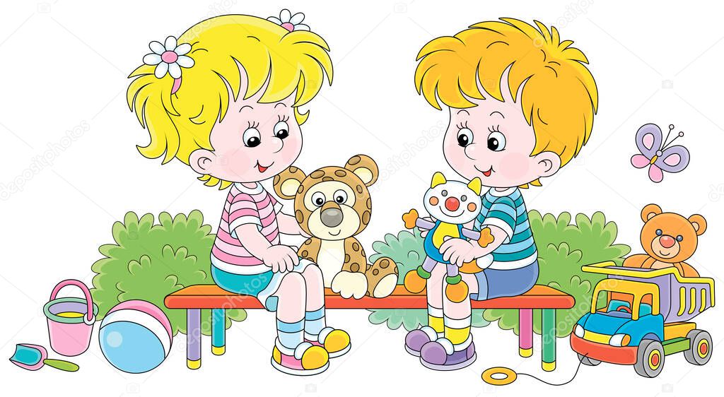 Cheerful small children sitting on a bench, talking and playing with their funny colorful toys on a summer playground in a park, vector cartoon illustration on a white background