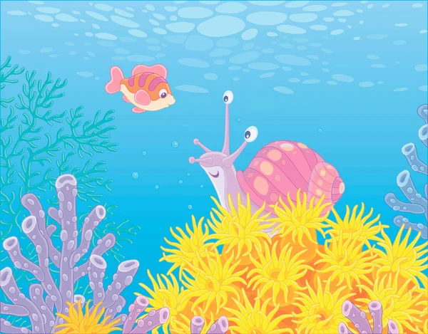 面白い海洋カタツムリと南の海で素晴らしい熱帯サンゴ礁の青い水で明るくカラフルなサンゴの間で泳ぐ小さな陽気な魚 ベクトル漫画のイラスト — ストックベクタ