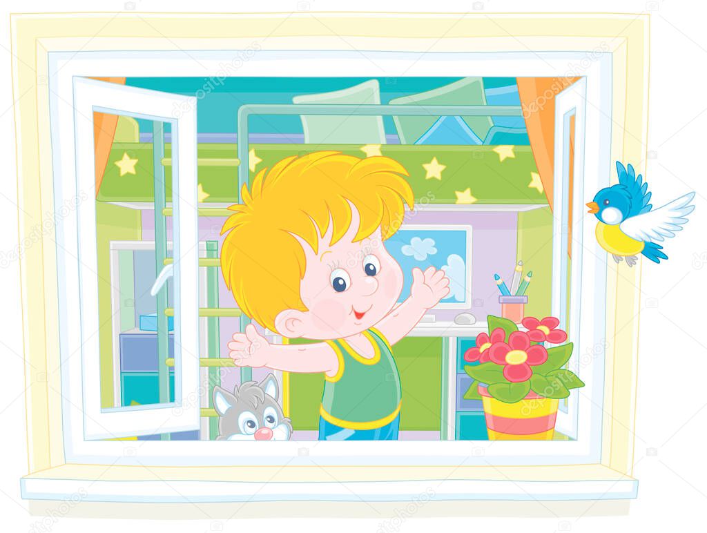 Little boy doing gymnastic exercises by an open window in his nursery room on a warm morning, vector cartoon illustration on a white background
