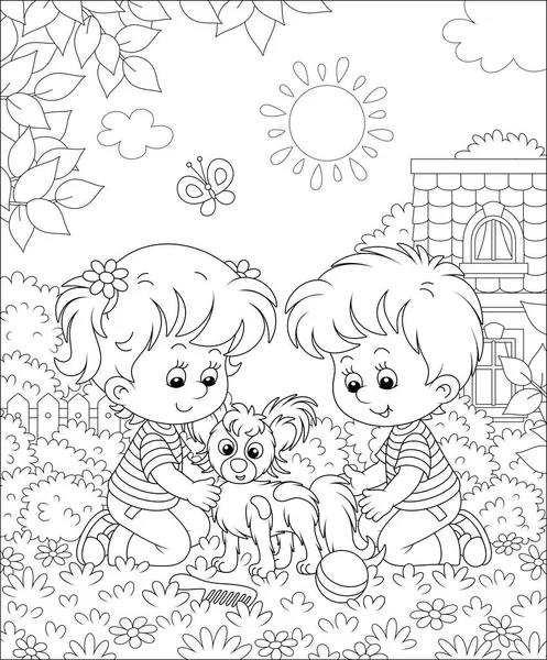 Kids Boy and Girl Playing in The Garden with Animals on Summer Holiday Coloring  Set - MasterBundles