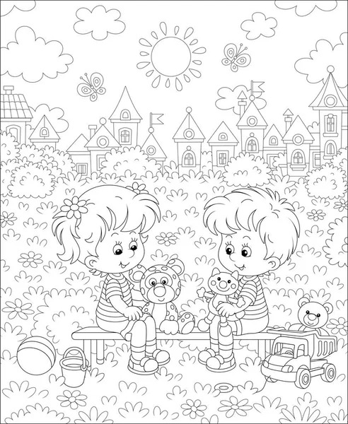 快乐的孩子们坐在长椅上 在公园的夏季游乐场里玩着他们有趣的玩具 在彩色的书页上画着黑白的图画 — 图库矢量图片