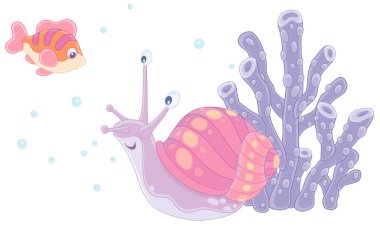 Komik deniz salyangozu ve renkli mercanların arasında yüzen küçük neşeli bir balık güney denizinde inanılmaz bir tropikal resifin, beyaz arkaplanda vektör karikatür çizimi