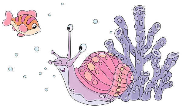 Кумедний Морський Равлик Маленька Весела Риба Плаває Серед Барвистих Коралів — стоковий вектор