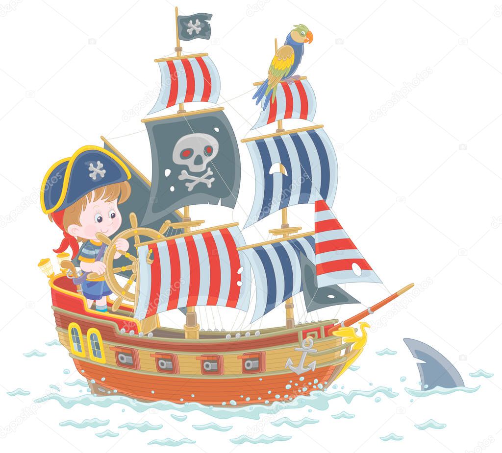 Little boy with a cocked sailor hat and a toy filibuster pistol playing a sea pirate with an old wooden ship steering helm and a funny parrot perched on a mast of a sailboat, vector cartoon