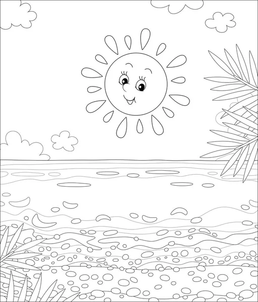 Дружнє Усміхнене Сонце Сяє Піщаним Пляжем Пальмовими Гілками Прекрасному Острові — стоковий вектор
