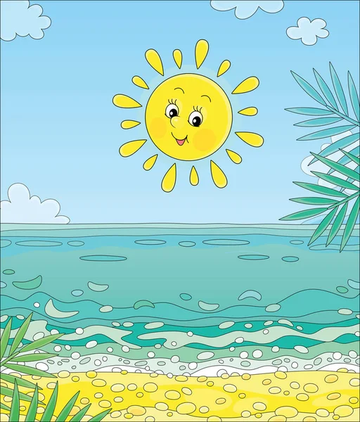 夏の日に熱帯の海に浮かぶ美しい島にヤシの枝を持つ黄金の砂浜の青い海に輝く優しい笑顔の黄色い太陽 ベクトル漫画のイラスト — ストックベクタ