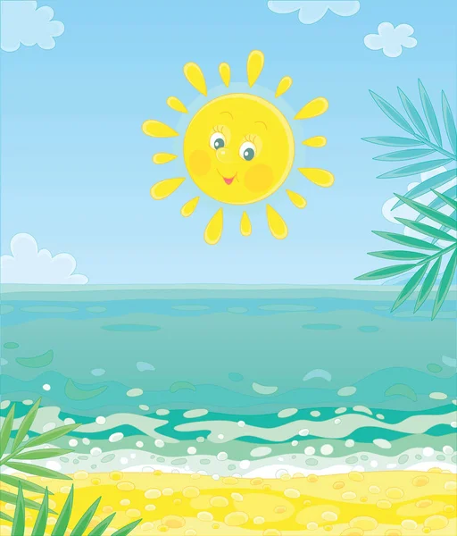 Friendly Smiling Yellow Sun Shining Blue Water Golden Sandy Beach — Stock Vector