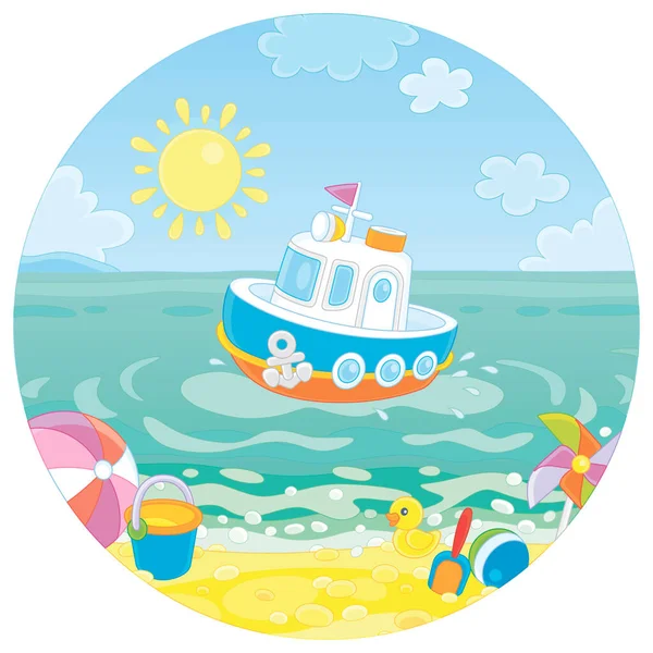 晴れた夏の日に海辺のリゾートの熱帯砂のビーチの近くの青い海の水に浮かぶ美しい小さなおもちゃのモーターボート ベクトル漫画のイラスト — ストックベクタ