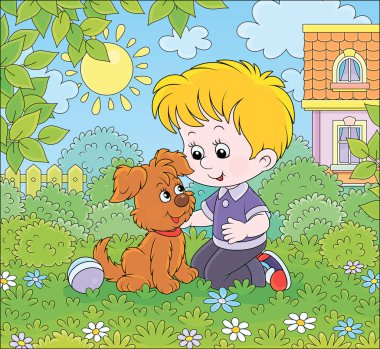 Güneşli bir yaz gününde evinin önündeki çimlerin üzerinde çiçeklerin arasında küçük kahverengi bir köpekle oynayan küçük çocuk, vektör karikatür çizimi.
