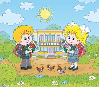 Güneşli bir Eylül gününde, renkli çiçek buketleri ve okul çantalarıyla okullarının önünde duran mutlu okul çocukları, vektör karikatür çizimi