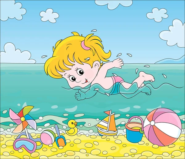 夏日的晴天 小女孩在碧水中在海滩上游泳 病媒卡通画 — 图库矢量图片