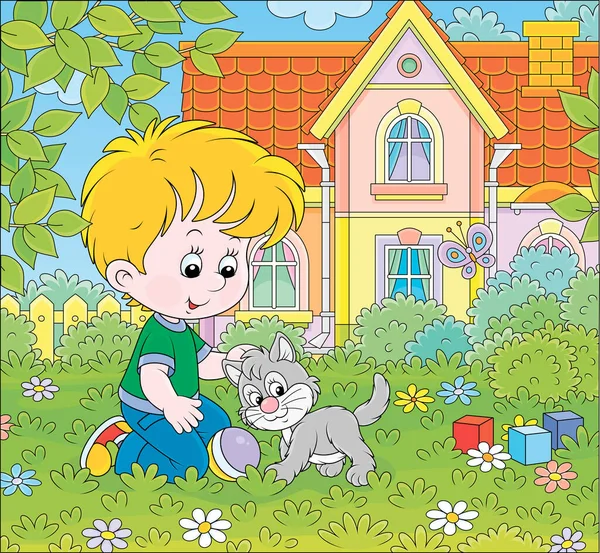 Niño Jugando Con Pequeño Gatito Gris Entre Las Flores Hierba — Archivo Imágenes Vectoriales